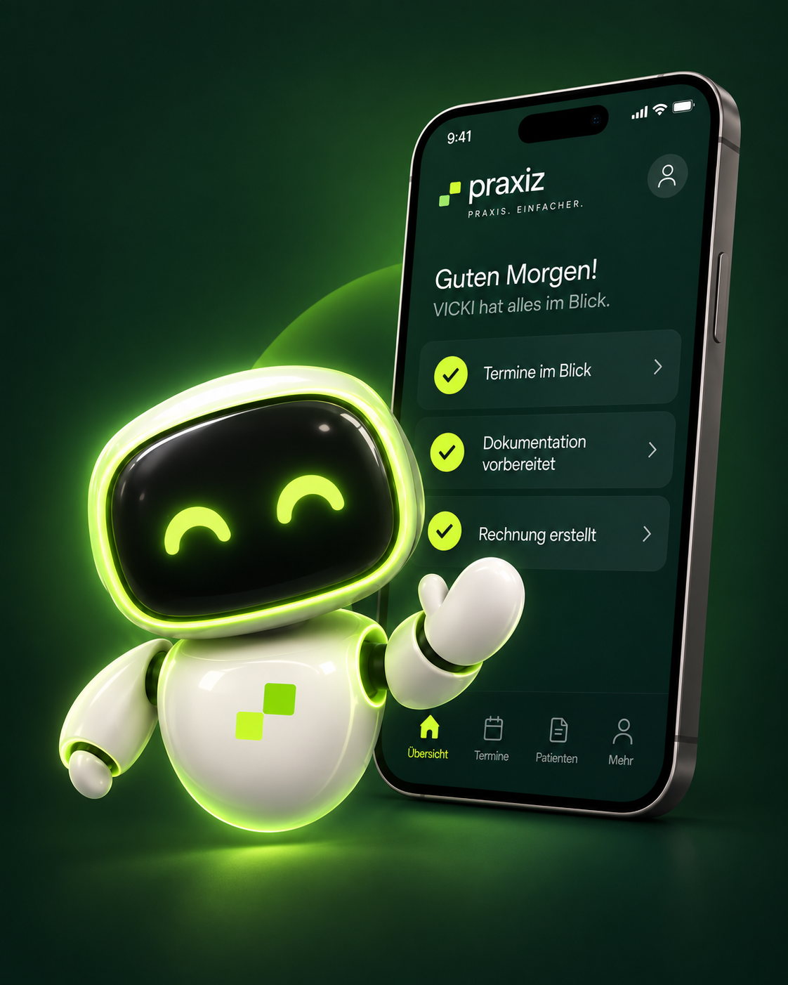 VICKI winkt vor einem Smartphone mit PRAXIZ: Termine im Blick, Dokumentation vorbereitet und Rechnung erstellt.